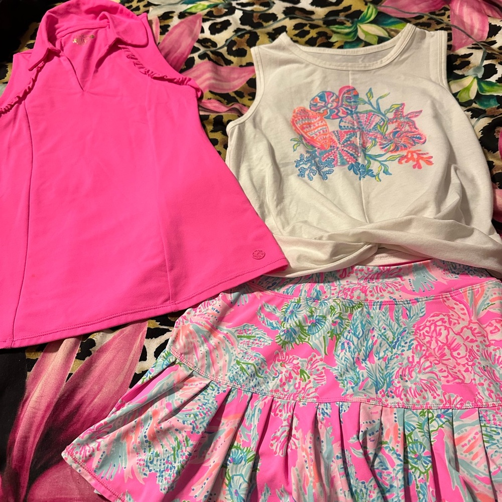 Lilly Pulitzer 3 piece Luxletic set: white tank (sm), skirt (xxs), polo tank XXS